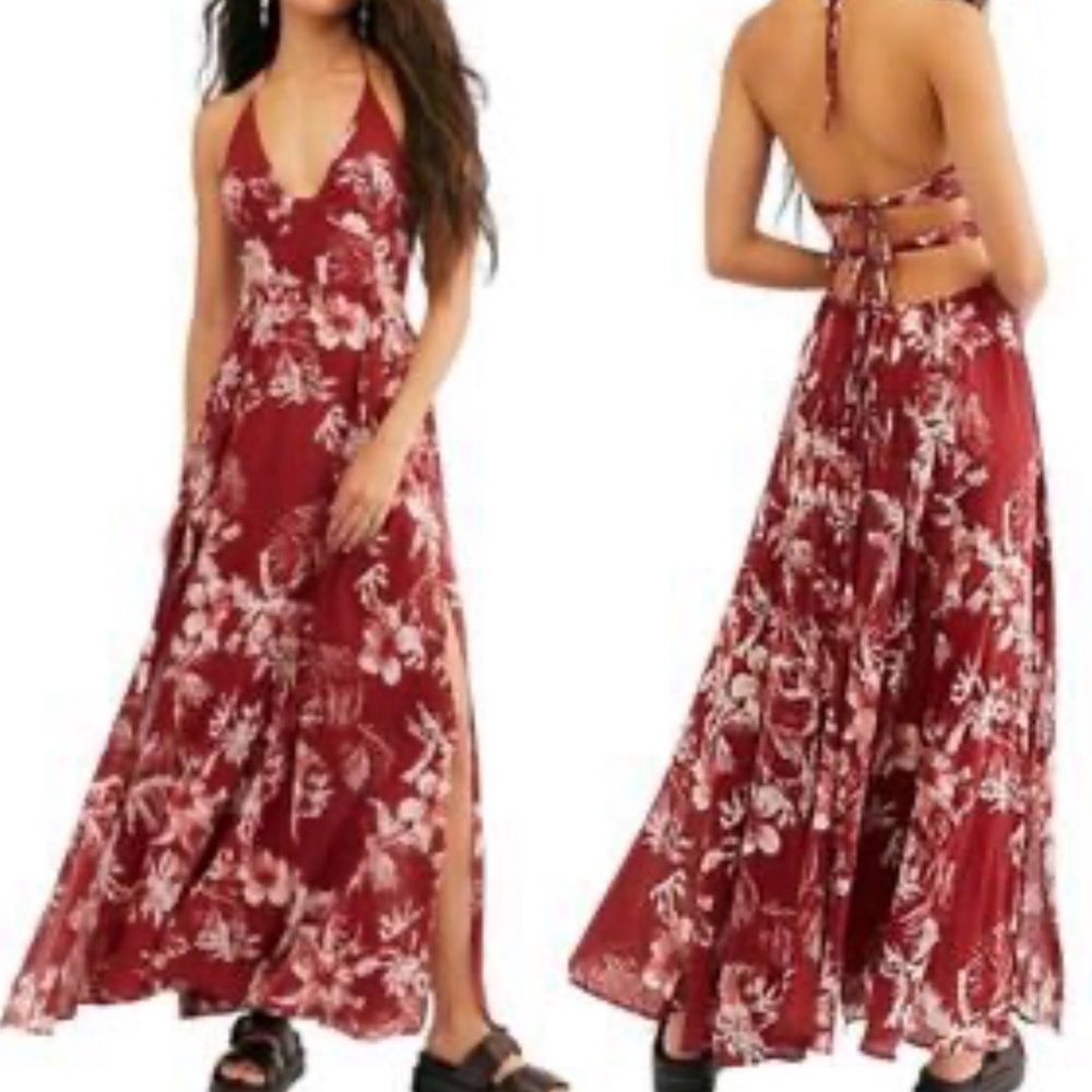 Free People Red Floral Halter Backless Maxi Dress